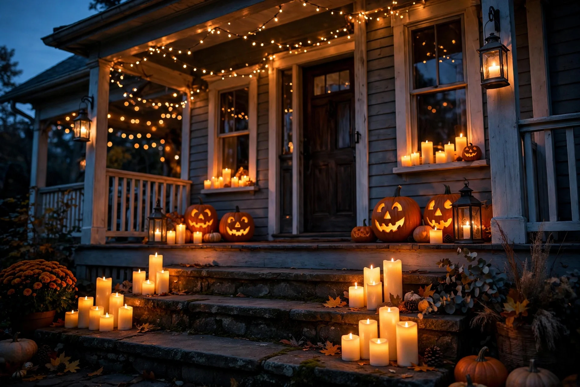 Porch glowing with candlelit ambience from LED candles and pumpkins