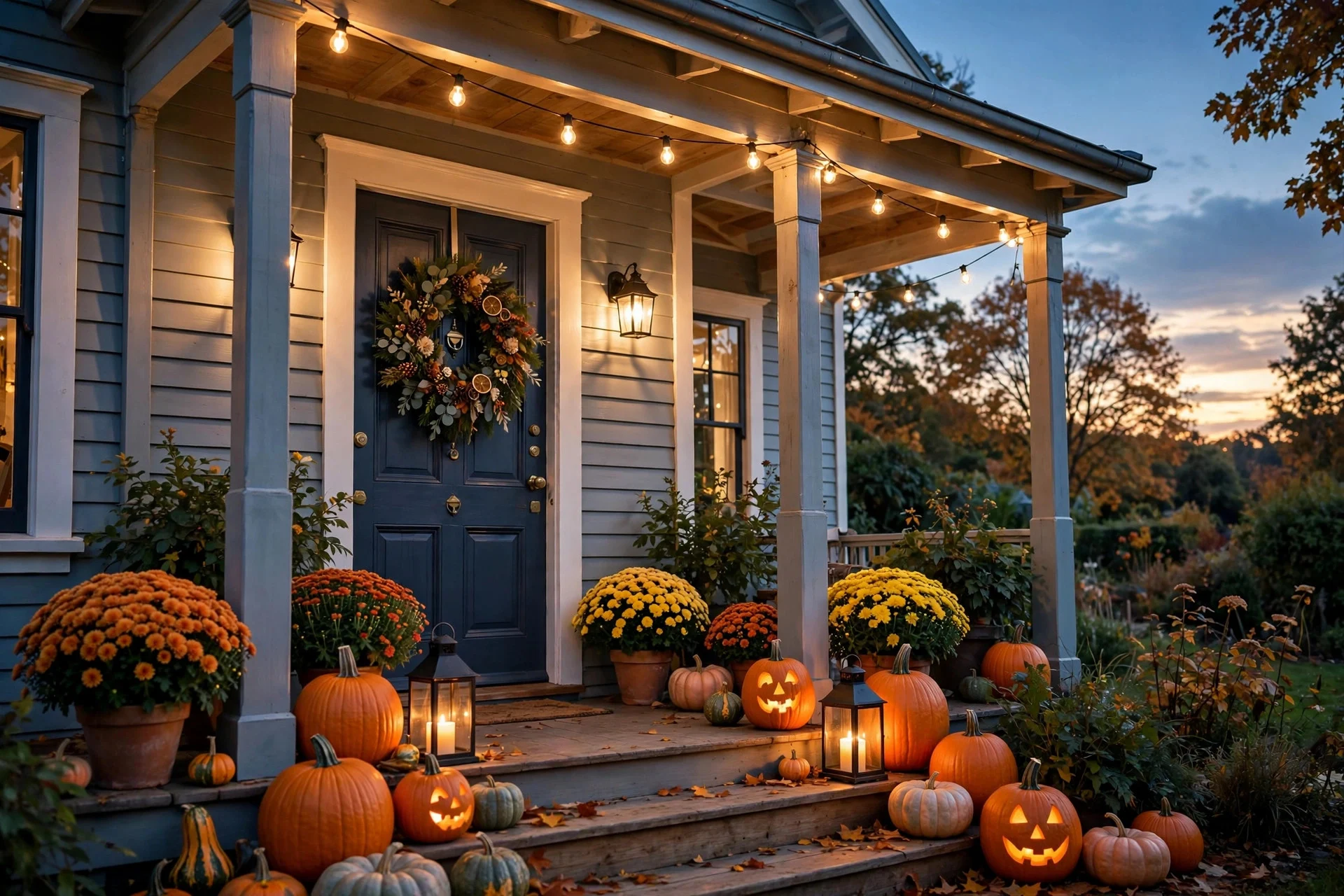 Halloween porch transitioning from day to night with lights switching on